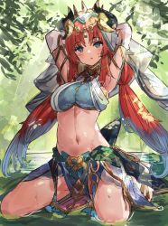 Rule 34 | 1girl, :o, aqua eyes, armpits, arms behind head, arms up, blue hair, blue shirt, blush, breasts, dancer, genshin impact, highres, horns, long hair, looking at viewer, medium breasts, midriff, multicolored hair, nilou (genshin impact), red hair, shirt, stomach, the olphy, tree, twintails
