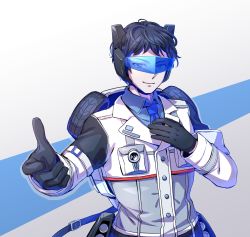 Rule 34 | 1boy, absurdres, aoi rena, autobot, backpack, bag, bishounen, black gloves, black hair, blue eyes, blue neckwear, collared shirt, gloves, grey shirt, highres, jazz (transformers), looking at viewer, male focus, personification, shirt, smile, solo, symbol-only commentary, transformers, visor, wheel