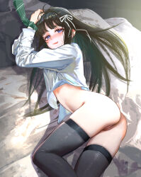 Rule 34 | 1girl, absurdres, ahoge, ass, awa subaru, black hair, black thighhighs, blush, bottomless, bound, bound wrists, c1718259, commentary request, fang, girls band cry, green necktie, hair ribbon, highres, long hair, long sleeves, looking at viewer, necktie, open mouth, parted bangs, partial commentary, pussy, ribbon, shirt, sidelocks, skindentation, solo, sweatdrop, teeth, thighhighs, upper teeth only, variant set, white ribbon, white shirt
