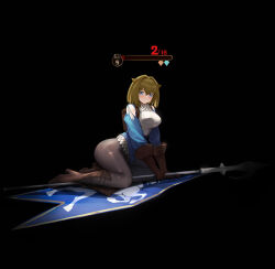 Rule 34 | 1girl, armor, backpack, bag, black background, blackcat enjia, blue eyes, blue flag, blush, boots, breasts, brown footwear, brown gloves, brown hair, chinese commentary, chloe (unicorn overlord), closed mouth, commentary, cross-laced footwear, defeat, gameplay mechanics, gloves, hair intakes, health bar, high heel boots, high heels, highres, holding, holding polearm, holding weapon, large breasts, looking at viewer, mixed-language commentary, painttool sai (medium), pantyhose, polearm, scale armor, short hair, simple background, sitting, solo, torn clothes, torn pantyhose, unicorn overlord, weapon, yokozuwari