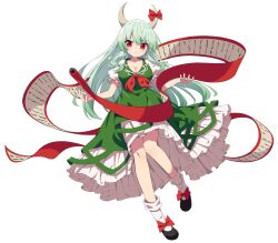 Rule 34 | 1girl, absurdres, black footwear, bow, breasts, cleavage, closed mouth, dress, ex-keine, frilled sleeves, frills, full body, green dress, green hair, hair between eyes, highres, hiyaya (kochi michikaze), horn bow, horn ornament, horns, kamishirasawa keine, large breasts, long hair, red bow, red eyes, scroll, shoes, short sleeves, socks, solo, touhou, transparent background, white socks