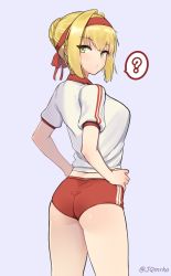 Rule 34 | 1girl, ?, ass, blonde hair, blue background, breasts, buruma, commentary request, cowboy shot, double vertical stripe, fate/grand order, fate (series), from behind, green eyes, gym shirt, gym uniform, hair bun, hair intakes, hair ribbon, hands on own hips, highres, looking at viewer, looking back, manme, medium breasts, nero claudius (fate), nero claudius (fate) (all), nero claudius (fate/extra), nero claudius (olympian bloomers) (fate), official alternate costume, red buruma, red ribbon, ribbon, shirt, short hair, short sleeves, sidelocks, simple background, single hair bun, solo, speech bubble, spoken question mark, white shirt