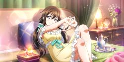 Rule 34 | 1girl, absurdres, alternate hairstyle, aqua eyes, artist name, artist request, bare legs, bare shoulders, bed, blue eyes, blush, book, bow, breasts, brown hair, candle, cleavage, collarbone, cup, curtains, dress, female focus, flower, fluffy-wuffy shizu-bear (love live!), frilled dress, frilled skirt, frills, green bow, green curtains, hair between eyes, hair bow, hair ornament, hair scrunchie, highres, indoors, knees up, long hair, looking at viewer, love live!, love live! nijigasaki high school idol club, love live! school idol festival, love live! school idol festival all stars, miniskirt, mirror, on bed, osaka shizuku, outstretched arms, parted lips, pillow, plaid, plaid dress, plaid skirt, plate, pleated, pleated dress, pleated skirt, scrunchie, skirt, small breasts, smile, solo, sparkle, table, teacup, teapot, twintails, white scrunchie, yellow dress, yellow skirt