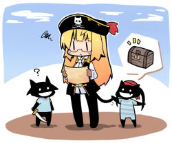 Rule 34 | 1girl, ?, animalization, ascot, bandana, blonde hair, chibi, fang, francesca lucchini, frown, hat, jolly roger, long hair, luu, miyafuji yoshika, pantyhose, pectorals, perrine h. clostermann, pirate, silhouette demon, skull and crossbones, skull and crossed swords, strike witches, sword, tail, treasure chest, twintails, weapon, world witches series