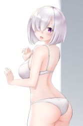Rule 34 | 1girl, :d, alternate hair color, ass, bad id, bad pixiv id, bare arms, bare shoulders, bra, breasts, commentary request, fate/grand order, fate (series), grey background, hair over one eye, hand up, kirigakure (kirigakure tantei jimusho), large breasts, mash kyrielight, open mouth, panties, purple eyes, silver hair, smile, solo, two-tone background, underwear, underwear only, wedgie, white background, white bra, white panties