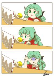 Rule 34 | &gt; &lt;, 2girls, :x, absurdres, closed eyes, cone horns, curly hair, food, fruit, green eyes, green hair, hakurei reimu, highres, holding, holding food, holding fruit, horns, komainu ears, komano aunn, lemon, licking, licking lemon, long hair, long sleeves, meme, mewcup, multiple girls, paw pose, red ribbon, red shirt, ribbon, ribbon-trimmed sleeves, ribbon trim, shirt, sour (taste), table, thick eyebrows, thour (meme), tongue, tongue out, touhou, very long hair, wide sleeves