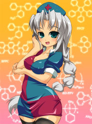 Rule 34 | 1girl, blue eyes, braid, breast hold, breasts, chemical structure, covered erect nipples, dress, female focus, gradient background, long hair, noya makoto, open mouth, short dress, silver hair, single braid, smile, solo, thighhighs, touhou, yagokoro eirin, zettai ryouiki