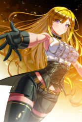 Rule 34 | 1girl, bare shoulders, belt, blonde hair, blush, breasts, choker, corset, cosplay, frills, gloves, large breasts, long hair, looking at viewer, masinhwangje, outstretched arms, purple eyes, rose pacifica, shorts, sita vilosa, sita vilosa (cosplay), solo, standing, sword girls, thighhighs