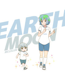 Rule 34 | 2girls, :d, artist name, blue eyes, blue footwear, blue shorts, blush, bright pupils, character name, child, closed mouth, clothes writing, commentary, earth-chan, grey eyes, mclelun, moon-chan, multicolored hair, multiple girls, open mouth, original, running, shirt, shoes, short hair, shorts, silver hair, simple background, smile, socks, sparkle, text background, white legwear, white shirt