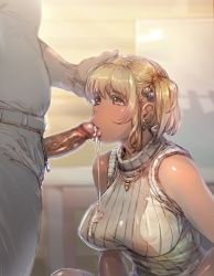 Rule 34 | 1boy, 1girl, blonde hair, blush, bow (bhp), breasts, censored, cum, cum in mouth, cum on clothes, cum string, dark-skinned female, dark skin, erection, fellatio, hair bobbles, hair ornament, hand on another&#039;s head, hetero, large breasts, lips, mosaic censoring, oral, original, penis, penis out, red eyes, ribbed sweater, short hair, sleeveless, sleeveless sweater, sweater, two side up