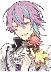 Rule 34 | 1boy, absurdres, ascot, blue gemstone, blue hair, brooch, flower, gem, highres, holding, holding flower, hoshi-toge, jacket, jewelry, kamishiro rui, long sleeves, looking at viewer, multicolored hair, open mouth, pearl (gemstone), pink flower, project sekai, purple hair, simple background, smile, solo, streaked hair, thistle, white ascot, white background, white jacket, yellow eyes, yellow flower