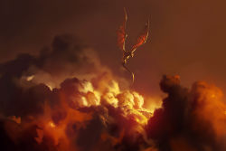 Rule 34 | brown background, brown theme, cloud, cloudy sky, dragon, flying, gradient background, highres, kalmahul, no humans, orange theme, original, red sky, scenery, sky, tagme, tail, torn wings, wings, wyvern