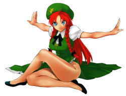 Rule 34 | 1girl, blue eyes, braid, breasts, chinese clothes, crossed legs, embodiment of scarlet devil, female focus, full body, hair ribbon, hat, hong meiling, legs, long hair, red hair, ribbon, simple background, sitting, smile, solo, touhou, twin braids, yurikawa
