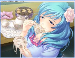 Rule 34 | artist request, blue eyes, blue hair, blush, breasts, candy, cookie, cum, cum in container, cum in cup, cumdrip, cup, drinking, flower, food, gokkun, hair flower, hair ornament, holding, holding cup, large breasts, long hair, sitting, tea set, teacup