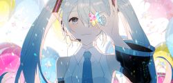 Rule 34 | 1girl, absurdres, aqua eyes, aqua hair, aqua necktie, backlighting, balloon, bare shoulders, black sleeves, commentary, covering one eye, detached sleeves, hair ornament, hand up, hatsune miku, headphones, headset, highres, holding, lens flare, light smile, long hair, looking at viewer, necktie, portrait, rainbow, re eva, refraction, shirt, solo, star (symbol), stellated octahedron, twintails, vocaloid, white background, white shirt