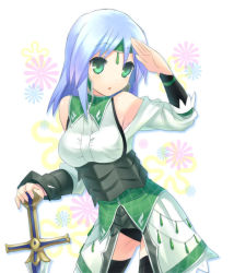 Rule 34 | armor, bare shoulders, blue hair, fantasy earth zero, green eyes, green hair, hamamo, headband, simple background, solo, standing, sword, thighhighs, weapon