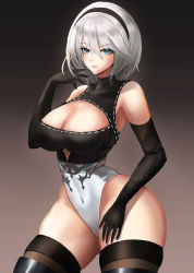 Rule 34 | 1girl, android, bare shoulders, black hairband, blue eyes, boots, breasts, cleavage, cleavage cutout, clothing cutout, curvy, elbow gloves, gloves, hairband, highres, large breasts, leotard, lips, nier (series), nier:automata, parted lips, rothy, short hair, silver hair, solo, thick thighs, thigh boots, thighhighs, thighs, thong leotard, wide hips, 2b (nier:automata)