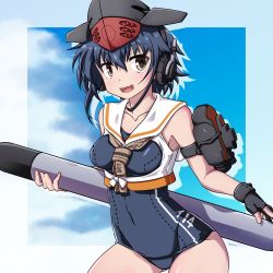 Rule 34 | 1girl, 547th sy, asymmetrical hair, black hair, black one-piece swimsuit, blue one-piece swimsuit, blue sky, breasts, brown eyes, brown neckerchief, cloud, cloudy sky, collarbone, cowboy shot, fang, framed breasts, gloves, hair between eyes, hat, headphones, highres, i-14 (kancolle), kantai collection, neckerchief, one-piece swimsuit, open mouth, partially fingerless gloves, sailor collar, school swimsuit, shirt, short hair, single glove, sky, small breasts, smile, solo, swimsuit, torpedo