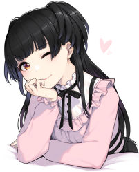 Rule 34 | 1girl, black hair, blunt bangs, blush, breasts, brown eyes, commentary request, head rest, heart, idolmaster, idolmaster shiny colors, long hair, looking at viewer, mayuzumi fuyuko, medium breasts, one eye closed, shirt, simple background, smile, solo, sunaba suzume, two side up, white background