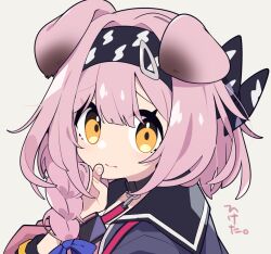 Rule 34 | 1girl, animal ears, arknights, black collar, black hairband, blue ribbon, braid, cat ears, cat girl, closed mouth, collar, goldenglow (arknights), grey background, hairband, long hair, looking at viewer, mzh, orange eyes, pink hair, print hairband, ribbon, simple background, solo, upper body