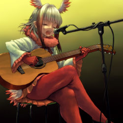 Rule 34 | 10s, 1girl, blunt bangs, closed eyes, crossed legs, gloves, guitar, hanpitsu (palewhite), head wings, instrument, japanese crested ibis (kemono friends), kemono friends, long hair, long sleeves, microphone, multicolored hair, music, open mouth, orange skirt, pantyhose, playing instrument, pleated skirt, red gloves, red hair, red pantyhose, shirt, sidelocks, singing, sitting, skirt, solo, tail, two-tone hair, white hair, white shirt, wings