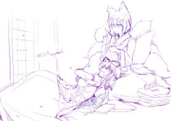 Rule 34 | 2girls, animal ears, animal hat, artist name, blonde hair, bow, breasts, closed eyes, dated, dress, fox ears, fox tail, hair bow, hat, hugging another&#039;s tail, indoors, lineart, long hair, long sleeves, merryhachi, mob cap, monochrome, multiple girls, multiple tails, open mouth, ribbon, short hair, sketch, smile, tail, hugging tail, touhou, wide sleeves, yakumo ran, yakumo yukari