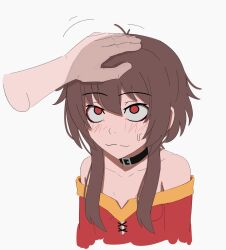 Rule 34 | 1girl, 1other, :3, bare shoulders, black choker, blush, breasts, brown hair, choker, close-up, closed mouth, collarbone, commentary, cropped arms, cropped torso, dress, empty eyes, english commentary, hair between eyes, hand on another&#039;s head, happy, headpat, highres, kono subarashii sekai ni shukufuku wo!, kurokimoko, looking at another, megumin, motion lines, off-shoulder dress, off shoulder, pov, pov hands, red dress, red eyes, short hair, short hair with long locks, sidelocks, simple background, small breasts, smug, solo focus, sweatdrop, upper body, upturned eyes, white background