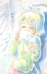 Rule 34 | 1girl, blonde hair, blue eyes, bow, cellphone, cup, drinking, epoxy putty, green hoodie, hair bow, hair ornament, hairclip, half-closed eyes, hood, hoodie, kagamine rin, melancholic (vocaloid), painting (medium), phone, pink skirt, short hair, skirt, solo, teacup, traditional media, vocaloid, wall, watercolor (medium)
