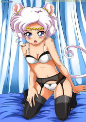 Rule 34 | 1990s (style), animal ears, bbmbbf, bishoujo senshi sailor moon, bishoujo senshi sailor moon sailor stars, black legwear, blush, breasts, drill hair, grey eyes, highres, jewelry, lingerie, mouse ears, mouse tail, navel, retro artstyle, sailor iron mouse, short twintails, tail, thighhighs, toei animation, twin drills, twintails, underwear, white hair