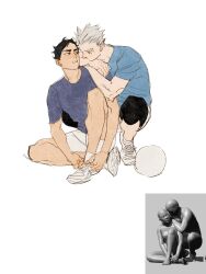 Rule 34 | 2boys, akaashi keiji, ball, black eyes, black hair, blue shirt, bokuto koutarou, brown eyes, chengongzi123, commentary, english commentary, full body, grey hair, haikyuu!!, highres, knee pads, knee up, leaning on person, looking at another, male focus, multiple boys, open mouth, reference inset, shirt, shoes, short hair, short sleeves, simple background, sitting, sneakers, squatting, t-shirt, thick eyebrows, tying footwear, very short hair, white background, white footwear