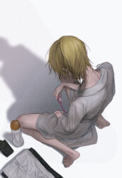 Rule 34 | 1boy, artist name, barefoot, blonde hair, bottle, commentary request, ddu 45, folded clothes, highres, kamiki hikaru, korean commentary, long sleeves, male focus, oshi no ko, sex toy, sex toy pull, shadow, shirt, short hair, simple background, sitting, solo, wariza, white background, white shirt