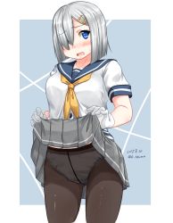 Rule 34 | 1girl, black pantyhose, blouse, blue eyes, blunt ends, blush, bob cut, breasts, commentary, cowboy shot, crotch seam, dated, frown, gloves, grey skirt, gusset, hair ornament, hair over one eye, hairclip, hamakaze (kancolle), highres, izumo konata, kantai collection, lifting own clothes, looking at viewer, miniskirt, neckerchief, open mouth, outside border, panties, panties under pantyhose, pantyhose, pleated skirt, school uniform, serafuku, shirt, short hair, short sleeves, silver hair, single horizontal stripe, skirt, solo, standing, sweatdrop, twintails, underwear, white gloves, white shirt, yellow neckerchief