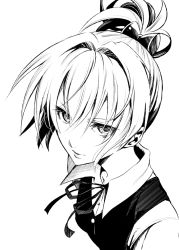 Rule 34 | 10s, 1girl, buttons, greyscale, hair between eyes, hair ornament, kantai collection, looking at viewer, monochrome, natsupa, neck ribbon, personification, ponytail, ribbon, shiranui (kancolle), simple background, solo, vest, white background
