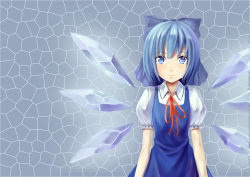 Rule 34 | 1girl, blue eyes, blue hair, bow, cirno, dress, expressionless, glowing, glowing wings, grey background, hair bow, highres, looking at viewer, matching hair/eyes, puffy short sleeves, puffy sleeves, ribbon, short hair, short sleeves, solo, touhou, wings, zzz (chomic)