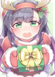 Rule 34 | 1girl, black hair, blush, box, dress, fake antlers, freckles, fur trim, gift, gift box, gradient hair, green background, green eyes, hair between eyes, hair ornament, hairband, hat, highres, holding, holding gift, holly hair ornament, kantai collection, long hair, long sleeves, matsuwa (kancolle), mittens, multicolored hair, namaata, official alternate costume, open mouth, purple hair, red dress, red hairband, red mittens, simple background, solo, teeth, upper teeth only