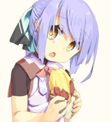 Rule 34 | 1girl, bad id, bad twitter id, brown eyes, brown shirt, collared vest, dot nose, eyebrows, fang, female focus, food, hair ribbon, hassai, highres, holding, looking at viewer, looking to the side, multicolored ribbon, neck ribbon, open mouth, original, ponytail, potato, purple hair, red ribbon, ribbon, shirt, short sleeves, sidelocks, simple background, solo, standing, sweet potato, swept bangs, vest, white background, white vest, yellow eyes