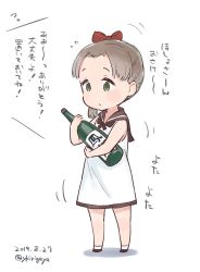 Rule 34 | 1girl, ayanami (kancolle), bottle, bow, brown eyes, brown hair, brown sailor collar, commentary request, dated, dress, full body, hair bow, kantai collection, kirigaya yuuji, long hair, red bow, sailor collar, sailor dress, side ponytail, simple background, solo, standing, translation request, twitter username, white background, aged down