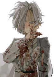 Rule 34 | 1girl, blood, blood on clothes, blood on face, blood on hands, cowboy shot, formal, hair over one eye, highres, kromer (project moon), limbus company, project moon, short hair, simple background, solo, suit, tw4wnpkqamfirtg, white background, white hair, white suit