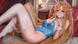 Rule 34 | 1girl, animal ears, areola slip, asuna (sao), bed sheet, blue leotard, blush, braid, breasts, brown eyes, brown hair, closed mouth, curtains, cushion, detached collar, fake animal ears, hair spread out, highres, knees up, large breasts, leotard, lips, long hair, looking at viewer, lying, night, night sky, on back, playboy bunny, pulled by self, rabbit ears, short ponytail, sky, solo, suuru, sweat, sword art online, thighhighs, thighhighs pull, white thighhighs, white wrist cuffs, window, wrist cuffs