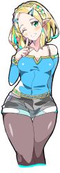 Rule 34 | 1girl, ;d, absurdres, adapted costume, aqua hair, arm behind back, bare shoulders, black pantyhose, black shorts, blonde hair, blue shirt, blush, bra strap, braid, breasts, collarbone, covered navel, cowboy shot, cropped legs, crown braid, enpe, finger to cheek, forehead, green eyes, grin, hair ornament, hairclip, head tilt, highres, index finger raised, pantyhose under shorts, long sleeves, looking at viewer, multicolored hair, nintendo, off-shoulder shirt, off shoulder, one eye closed, open mouth, pantyhose, pointy ears, princess zelda, shirt, short hair, short shorts, shorts, simple background, small breasts, smile, solo, teeth, the legend of zelda, the legend of zelda: breath of the wild, the legend of zelda: tears of the kingdom, thigh gap, thighs, two-tone hair, white background, wide hips