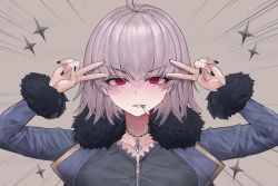 Rule 34 | 1girl, ahoge, bad id, bad pixiv id, black nails, blush, breasts, cigarette, collarbone, commentary, double v, emotional engine - full drive, fate/grand order, fate (series), jeanne d&#039;arc (fate), jeanne d&#039;arc alter (avenger) (fate), jeanne d&#039;arc alter (fate), jewelry, large breasts, looking at viewer, nail polish, necklace, red eyes, short hair, silver hair, solo, suou-sensei, v, zipper