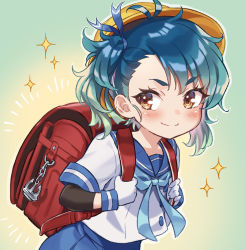 Rule 34 | 1girl, arm warmers, backpack, bag, blue hair, blue neckerchief, blue ribbon, blue skirt, brown eyes, commentary request, fang, fukae (kancolle), gloves, gradient hair, hat, kantai collection, multicolored hair, neckerchief, pleated skirt, randoseru, ribbon, school hat, school uniform, serafuku, short hair, short sleeves, side ponytail, sidelocks, single arm warmer, skin fang, skirt, solo, sparkle, tsurime, white gloves, yellow hat, yuuno (hack y)