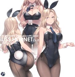 1girl, animal ears, black legwear, black leotard, black neckwear, blonde hair, breasts, bunny ears, bunny tail, closed mouth, cowboy shot, detached collar, ears visible through hair, eyebrows visible through hair, eyes visible through hair, fake animal ears, fake tail, grey eyes, highres, hornet (kancolle), kantai collection, large breasts, leotard, long hair, mole, mole on breast, multiple views, necktie, pantyhose, playboy bunny, rokuwata tomoe, simple background, smile, tail, white background, wrist cuffs, zipper, zipper pull tab