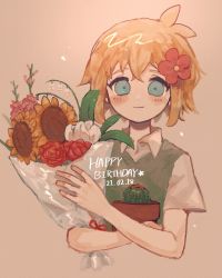 Rule 34 | 1boy, bad id, bad twitter id, basil (faraway) (omori), basil (omori), beige background, birthday, blonde hair, blue eyes, blush, bouquet, cactus, collared shirt, commentary, dated, english commentary, flower, flower pot, gladiolus, green sweater vest, hair flower, hair ornament, happy birthday, highres, hinshi hp0, holding, holding bouquet, holding flower pot, lily of the valley, looking at viewer, male focus, omori, orange background, plant, potted plant, red flower, rose, shirt, short hair, smile, solo, sunflower, sweater vest, upper body, white flower, white shirt, yellow flower