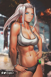 Rule 34 | 1girl, abs, armor, blue eyes, breasts, hand on own hip, hybridmink, large breasts, looking at viewer, monster hunter (series), monster hunter: world, muscular, muscular female, navel, onster hunter, scar, silver hair