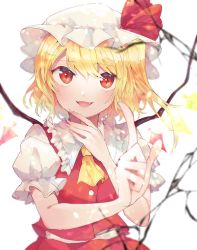 Rule 34 | 1girl, :d, ascot, blonde hair, blurry, blurry background, blurry foreground, crystal, fang, flandre scarlet, hat, hat ribbon, highres, index finger raised, itomugi-kun, light particles, looking at viewer, medium hair, mob cap, open mouth, puffy short sleeves, puffy sleeves, red eyes, red ribbon, red vest, ribbon, shirt, short sleeves, side ponytail, simple background, smile, solo, touhou, upper body, vest, white background, white hat, white shirt, wings, yellow ascot