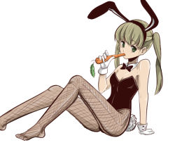 Rule 34 | 00s, 1girl, animal ears, blonde hair, blush, boa (brianoa), bow, bowtie, breasts, carrot, colorized, curvy, eating, fake animal ears, female focus, fishnet pantyhose, fishnets, flat chest, gloves, green eyes, leotard, long hair, looking at viewer, maka albarn, pantyhose, playboy bunny, rabbit ears, rabbit tail, sitting, small breasts, solo, soul eater, tail, twintails