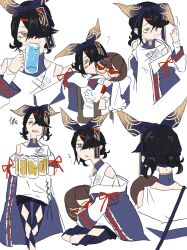 Rule 34 | 1girl, alcohol, argyle, argyle clothes, argyle cutout, back, beer, beer mug, black hair, black pantyhose, black shorts, blush, breasts, brown eyes, closed eyes, clothing cutout, cup, drinking, enginate, fate/grand order, fate (series), hair over one eye, hair ribbon, hairband, highres, jacket, long sleeves, looking at viewer, mole, mole under eye, mug, multiple views, off shoulder, open clothes, open jacket, open mouth, pantyhose, pantyhose under shorts, ribbon, shirt, short hair, short twintails, shorts, shoulder cutout, sitting, small breasts, squiggle, stuffed toy, twintails, white jacket, white shirt, xu fu (event portrait) (fate), xu fu (fate), yu mei-ren (fate)