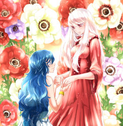 Rule 34 | 2girls, bad id, bad pixiv id, blue hair, blush, bracelet, dress, flower, holding hands, jewelry, long hair, looking at another, multiple girls, mutou mato, open mouth, original, red eyes, silver hair, smile, very long hair