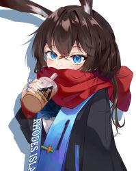 Rule 34 | 1girl, absurdres, amiya (arknights), animal ear fluff, animal ears, arknights, ascot, black coat, blue ascot, blue eyes, blue nails, blush, brown hair, clothes writing, coat, cup, disposable cup, enpera, hanafurashi (1102653621), highres, holding, holding cup, jewelry, long hair, long sleeves, looking at viewer, multiple rings, nail polish, open clothes, open coat, rabbit ears, red scarf, ring, scarf, scarf over mouth, simple background, solo, upper body, white background